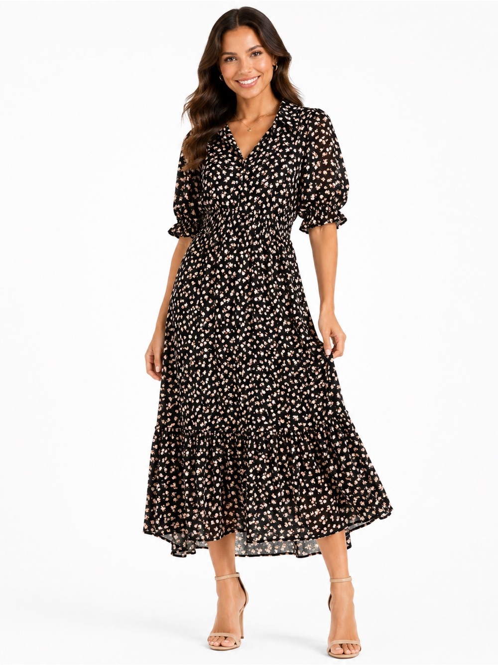 Natural Life Size Medium Women’s Black Floral Midi Dress with Puff Sleeves